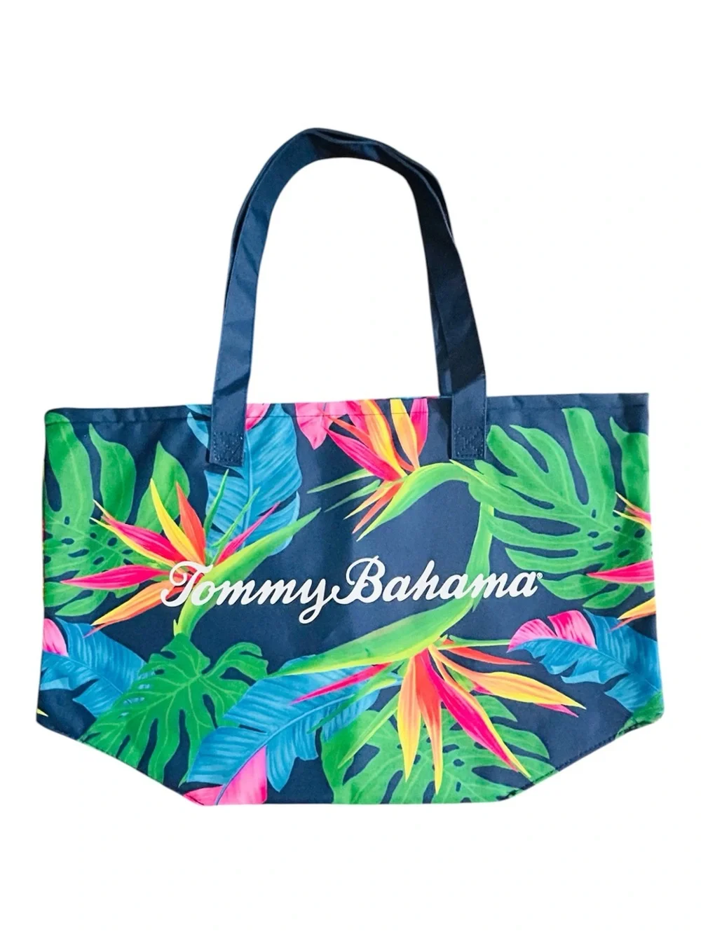 Tommy Bahama Navy Tropical Floral Canvas Tote /Visor Hat Tan Brown Striped